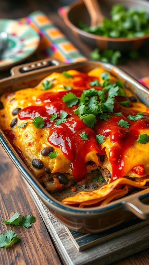 A colorful vegan enchilada casserole with layers of tortillas, beans, and vegetables, garnished with cilantro, on a rustic table.